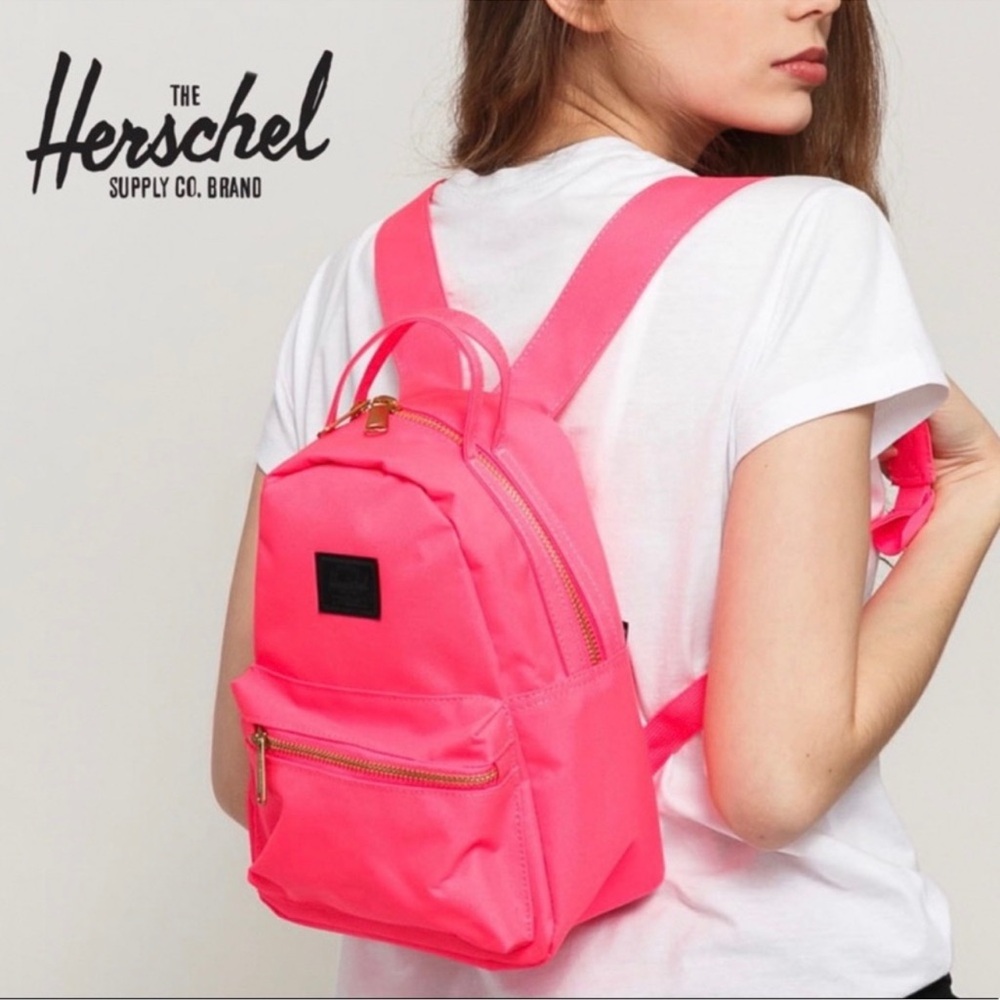 Herschel Supply Co NOVA Black Logo Mini 14” Neon Pink Backpack Gold Zipper